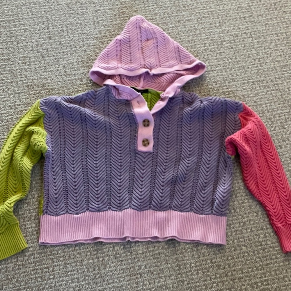 New Forever 21 Knit Crochet Hoodie Cropped Sweater Top S Color Block Pink purple